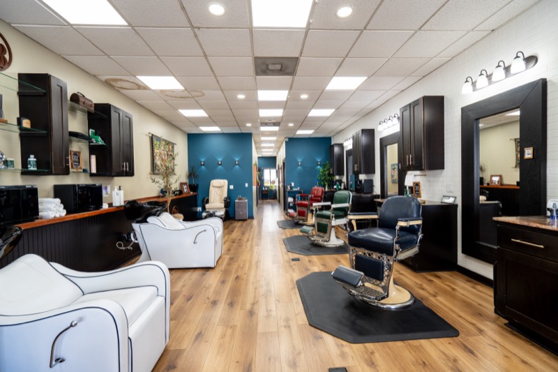 Full salon interior — premium men's grooming salon in Westwood